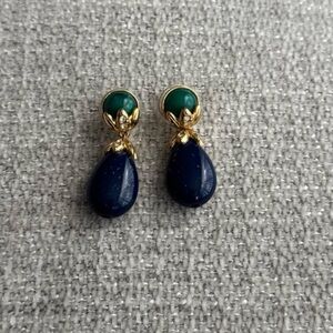Vintage Gold Tone Faux Lapis Faux Malachite Teardrop Dangle Earrings